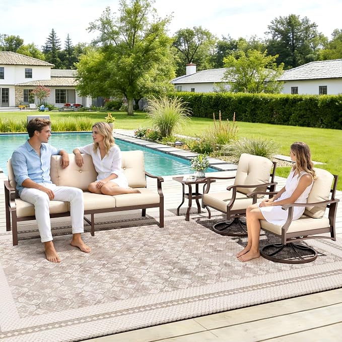 4 Piece Patio Furniture Set, Metal Outdoor Conversation Set w/3-Seat Sofa, 2 Rocking Swivel Chairs, Side Table, Patio Bistro Set w/5" Thickened Cushions for Porch Yard Poolside, Beige