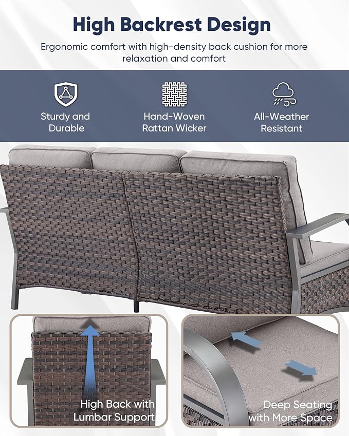HUMMUH Outdoor Patio Furniture Set with Fire Pit-PE Wicker Patio Chairs Set of 2 with Rattan Sofa Patio Conversation Set for Deck Porch Garden Poolside Backyard-Brown/Grey