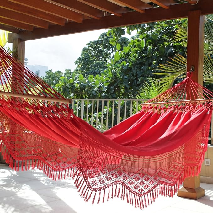 NOVICA Bright Red Cotton Fabric 1 Person Brazilian Hammock with Spreader Bars and Crochet Fringe, 'Tropical Red' (Single)