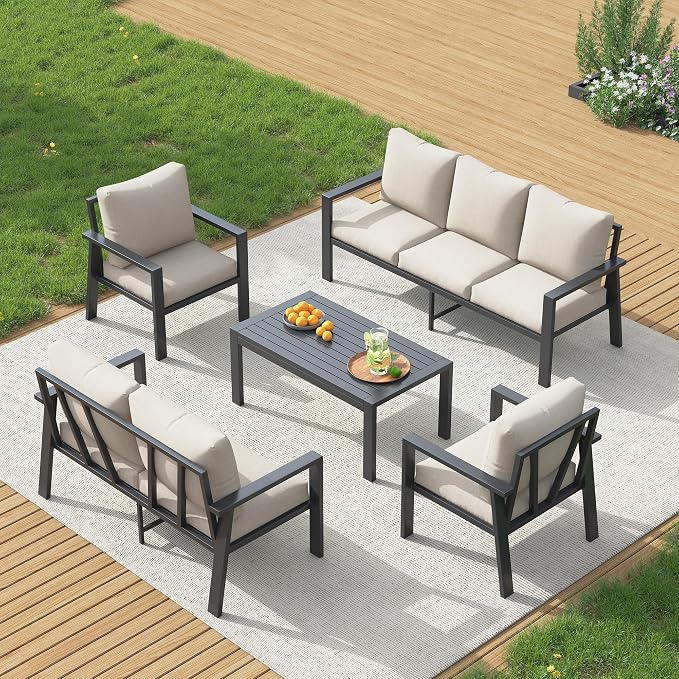 UDPATIO Aluminum Outdoor Patio Furniture Set 5 Pieces Metal Patio Conversation Sets Modern Sofa Seating Set with Coffee Table for Deck,Garden Backyard, Beige