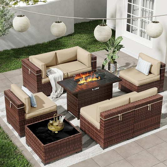Patio Furniture Set with 44'' Propane Gas Firepit Table, 8 PCS Modular Outdoor Sectional Conversation Sets, All-Weather Wicker Patio Set for Backyard, Beige (Waterproof Covers Included)