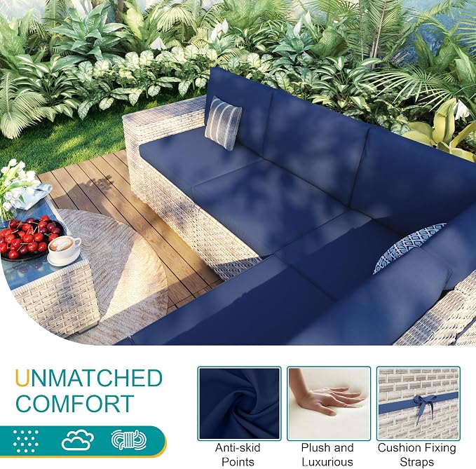 12-Piece Patio Furniture Set, Outdoor Extra Wide Armrest Modular Sectional Sofa, All-Weather Dual-Strand Rattan PE Wicker Conversation Set with Coffee Table for Porch Garden Balcony, Blue