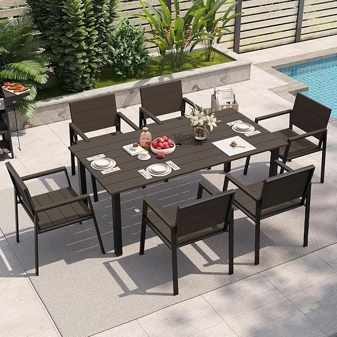 Outdoor Table and Chairs for 6 Aluminum Patio Dining Set with Umbrella Hole | All Weather,HDPS Material,Oversized,7 Piece,for Backyard,Rot-Fade-Crack Proof,Maintenance-Free,Sturdy,Heavy-Duty,Yellow