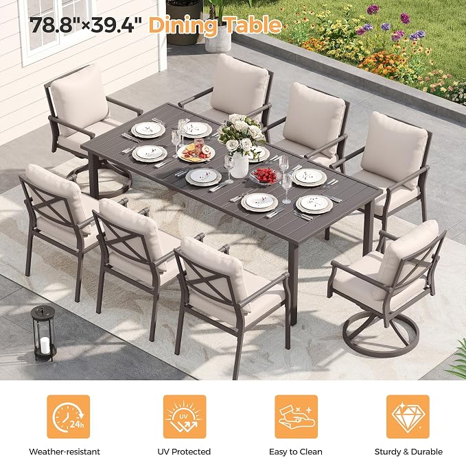 HAPPATIO Patio Dining Set, Powder-Coated Metal Outdoor Table and Chairs Set for 8, 6 Chairs and 2 Swivel Rockers with Thick Cushions, 80" Rectangular Table with 1.5" Umbrella Hole for Deck Yard