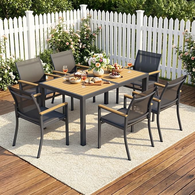 7-Pieces Aluminum Patio Table and Chairs for All-Weather, Patio Table Set with Heavy Duty HDPS Rectangular Table, Outdoor Patio Dining Furniture Set with Breathable Quick-Drying Textilene Chairs
