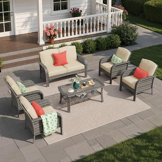 6 Pieces Patio Furniture Set, All-Weather Rattan Wicker Outdoor Furniture Loveseat Chairs with Coffee Table, High Back Conversation Set for Porch, Backyard, Balcony,Beige