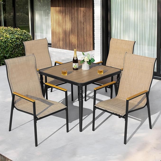 NUU GARDEN 5-Piece Patio Dining Set for 4, Wood-Grain Table with Umbrella Hole and 4 Stackable Textilene Chairs with Faux Wood Armrests, Black and Khaki