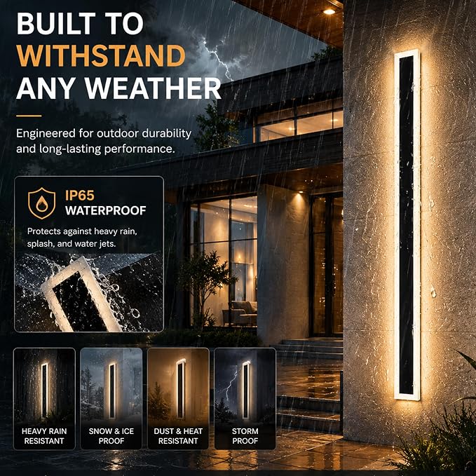 59inch-2Pack Long Outdoor Modern LED Wall Light,45W Waterproof IP65 Warm White 110V led Wall Mount Lighting Fixture Rectangular Black Wall Lights Elegant Frosted White Acrylic Anti Rust