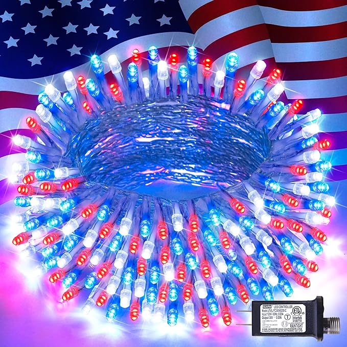 JMEXSUSS 4th of July Decorations, 33ft 100 LED Red White and Blue Lights | String Light Indoor Plug-in, 8 Modes Patriotic 4th of July Lights for Indoor Outdoor Independence Day American Flag Holiday