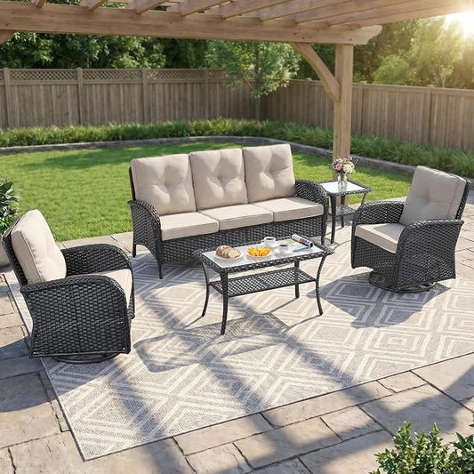 5 Piece Patio Furniture Set - Wicker Patio Conversation Set with Swivel Glider, 3 Seat Sofa, Tempered Glass Side Table and Coffee Table for Deck Backyard - Black Wicker Beige Cushion