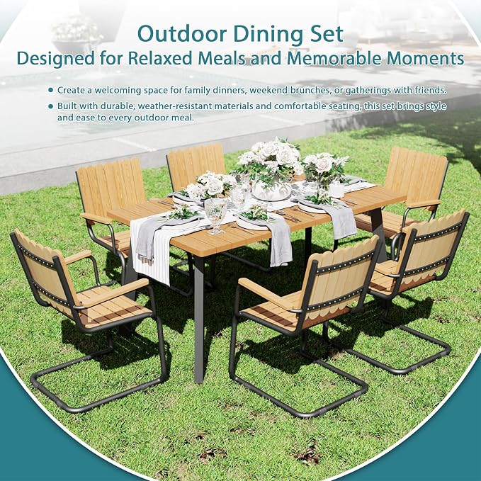 7 Piece Outdoor Conversation Set for 6, HDPE Patio Seating Set with Table and Chairs, All-Weather Outdoor Lounge Furniture with Umbrella Hole for Garden, Porch, Poolside, Gray & Teak