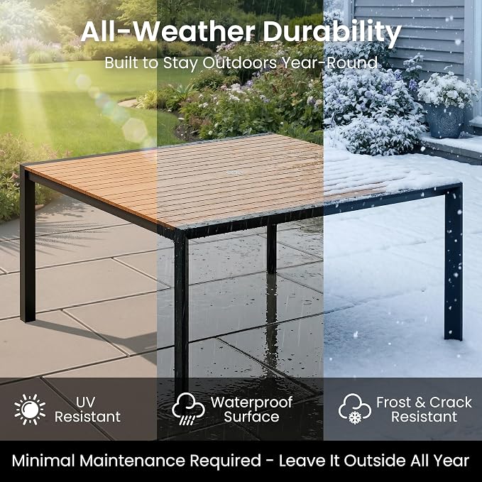 9-Piece Square Outdoor Dining Set, 56" Patio Table and Stackable Chairs | Aluminum Frame Adjustable Umbrella Hole All-Weather Wood Grain Tabletop for Garden, Deck, Backyard, Brown