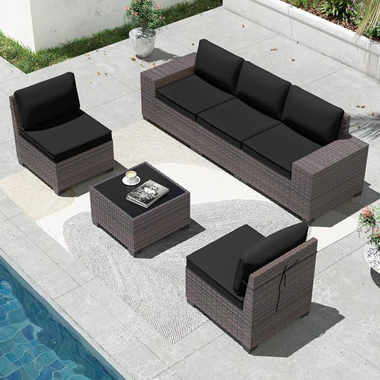 6 Pieces Patio Furniture Sets with Glass Tea Table,PE Rattan Wicker Patio Conversation Set with Washable Cushions,Outdoor Patio Sectional Furniture Set for Backyard, Poolside, Garden,Black