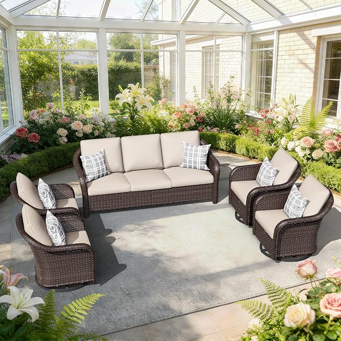5 PCS Outdoor Conversation Set | 78" Couch, 4 Swivel Chairs, Patio Wicker Conversation Furniture with Removable Cushions for Bistro, Deck, Sunroom (Beige)