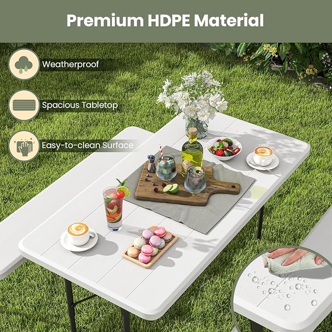 Moccha Folding Picnic Table - Portable Picnic Table with Benches, HDPE Tabletop, Metal Frame, Foldable Camping Table, Outdoor Dining Table Set for Garden Party BBQ Patio Table Bench Set (White)
