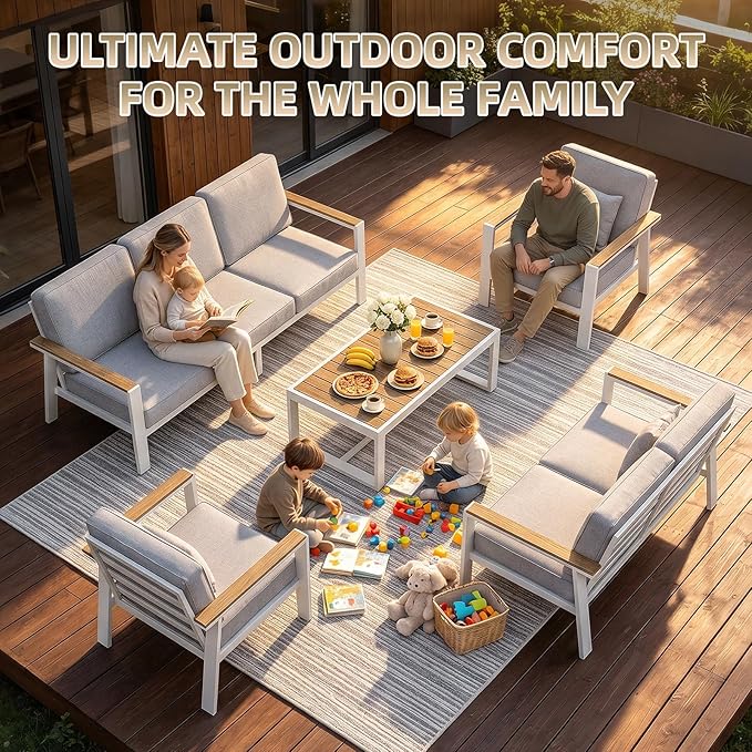Premium Aluminum Patio Furniture Set 5 Piece,Outdoor Conversation Set with Wide Armrest,5" Thick Cushions, Olefin Fabric,Rustproof Metal Frame,Deep Seating Patio Sofa Set for Backyard,Deck,villa,White