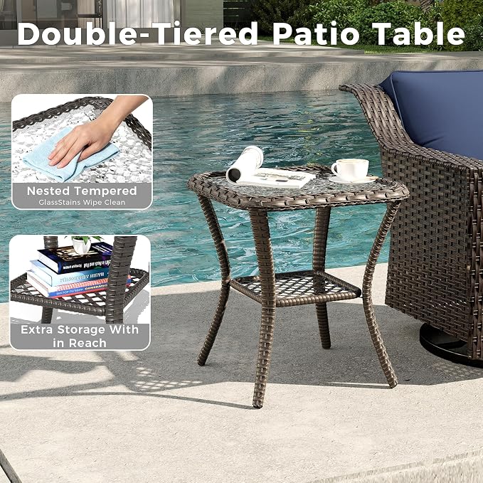3 Pieces Patio Conversation Furniture Set - 2 Armchairs, 1 Side Table, Outdoor Wicker Furniture with Removable Cushions for Porch, Balcony, Deck, Sunroom (Blue)