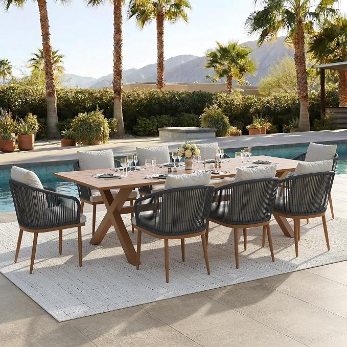 9-Piece Patio Dining Table Sets, Woven Wicker Dining Set with Rectangular Aluminum Table and Dining Chairs Modern Outdoor Dining Furniture Set for Outdoors and Indoors