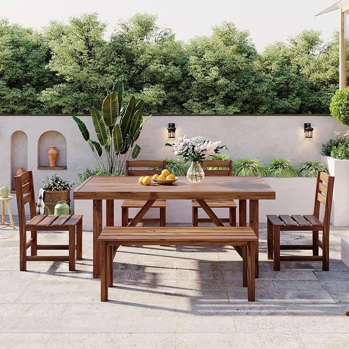 LUMISOL 6 Piece Patio Table Set with Bench, Acacia Wood Outdoor Table and Chair Set for Patio Balcony Backyard, Brown