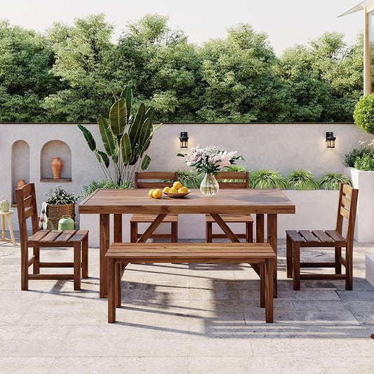 RuiSiSi Outdoor Dining Sets for 6, Acacia Wood Patio Table and Chairs Set with Bench and 4 Chairs for Balcony, Backyard, Garden, Poolside, Brown