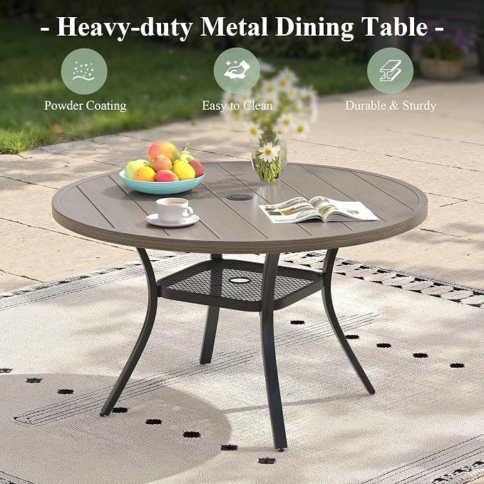 Outdoor Dining Table with Adjustable Umbrella Hole, 40.6" All-Weather Round Patio Dining Table for 4, Metal Patio Table with Storage Shelf for Garden Lawn Porch Deck Yard, Grey