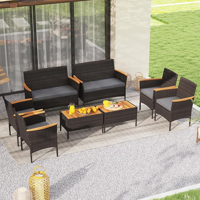 Tangkula 4 Pieces Patio Wicker Sofa Set, 2 Rattan Chairs & Loveseat w/Coffee Table, Acacia Wood Armrests & Tabletop, Outdoor Cushioned Conversation Set for Backyard, Poolside (Gray, 4 Pieces)