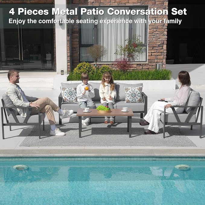 Patio Furniture Set, Metal Outdoor Furniture with Coffee Table, Modern Outdoor Patio Conversation Seating Set,Light Grey