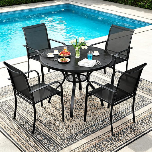 SUNCROWN 5 - Piece Outdoor Dining Set, Patio Furniture Set with 4 x Textilene Dinning Chairs and 41" Metal Round Table with Umbrella Hole for Lawn Garden Backyard Deck, Black