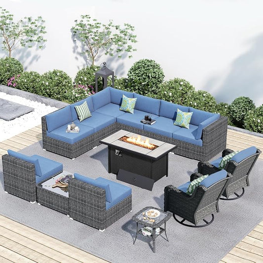 HOOOWOOO Outdoor Patio Furniture with Fire Pit Set 13 Pieces Patio Set with Fire Pit Wicker Outdoor Furniture with Fire Pit Table Set Patio Sectional Set with Swivel Chairs,Denim Blue