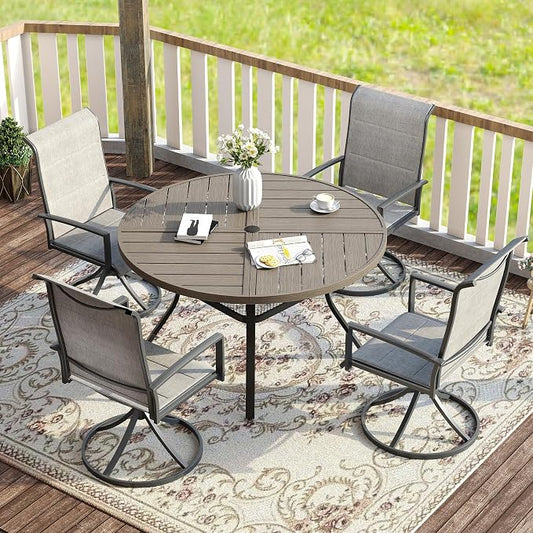 VICLLAX Patio Dining Set for 4, 4 Seats Outdoor Furniture Includes 40.7" Round Patio Table and Swivel Padded Chairs, Grey Wood Grain Tabletop and Grey Fabric