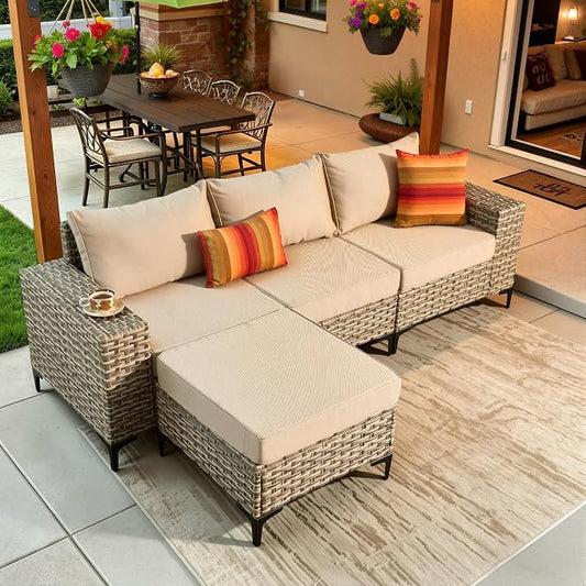 4-Piece Wicker Outdoor Sectional Furniture, Wide Armrest L-Shaped Patio Couch Set with Ottoman, Modern Modular Conversation Sets with Thick Cushion for Backyard Porch Balcony, Beige