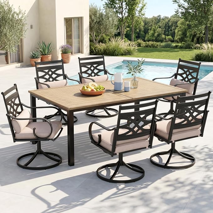 MFSTUDIO 7-Piece Patio Dining Set, 64" Wood-Look Table, Swivel Chairs | Umbrella Hole, Seats 6, All-Weather Use