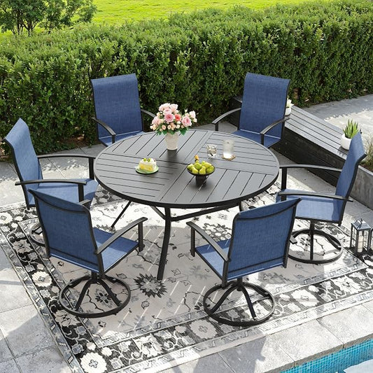 DIFY 7 Pieces Outdoor Dining Set, Metal Patio Table and Chairs Set for 6 with Umbrella Hole, 50" Black Round Table and Blue Textilene Swivel Patio Chairs for Garden, Backyard, Poolside