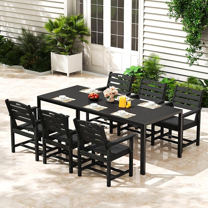 PIZZELLO 7-Piece Outdoor Patio Dining Set, 6Pcs HDPE Patio Chairs and 83" Rectangular Dining Table, All Weather Outdoor Table and Chairs Set for Backyard, Garden, Deck and Poolside