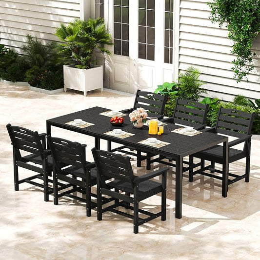 PIZZELLO 7-Piece Outdoor Patio Dining Set, 6Pcs HDPE Patio Chairs and 83" Rectangular Dining Table, All Weather Outdoor Table and Chairs Set for Backyard, Garden, Deck and Poolside