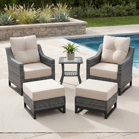 5-Piece Outdoor Patio Furniture Set, Grey Wicker Conversation Set with 2 High-Back Chairs, 2 Ottomans and Side Table, 6-Inch Beige Cushions for Porch, Deck, Backyard