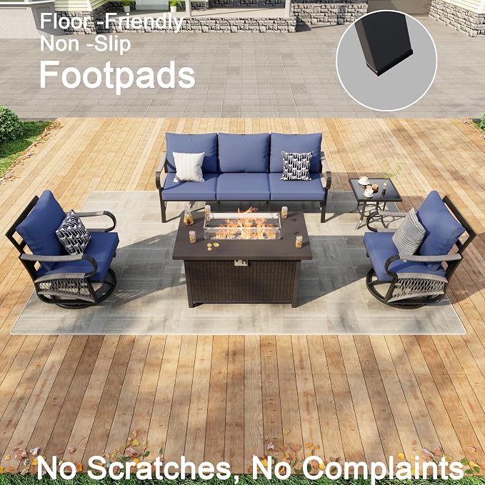 5 Pieces Patio Furniture Set, Metal Outdoor Conversation Sets with Fire Pit Table and Swivel Chairs for Backyard Garden Deck Porch Poolside (Thick Blue Cushions)