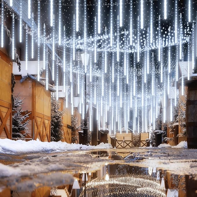 EEIEER Meteor Shower Lights Outdoor, 11.8 inches 10 Tubes 240 LED Snowfall Falling Rain Lights for Halloween Christmas Holiday Tree Home Party-White