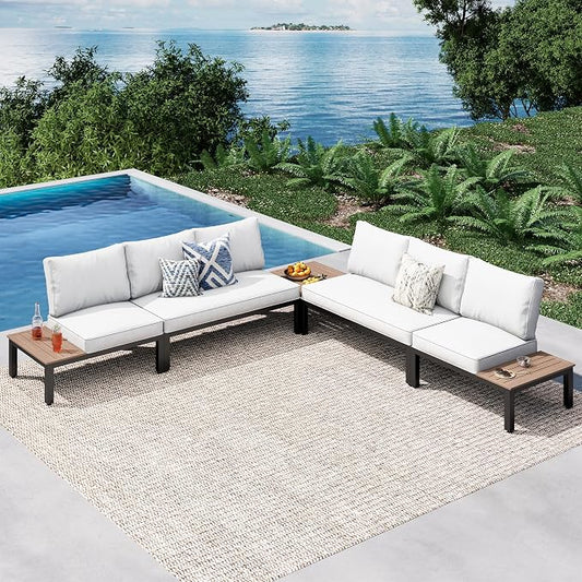 PHI VILLA 5 Pieces Outdoor Patio Furniture Set,Metal Frame Modern Outdoor Sectional Sofa Set,6 Seats Patio Conversation Sets with Coffee Table&Thickened Cushion,for Poolside and Backyard,Light Grey