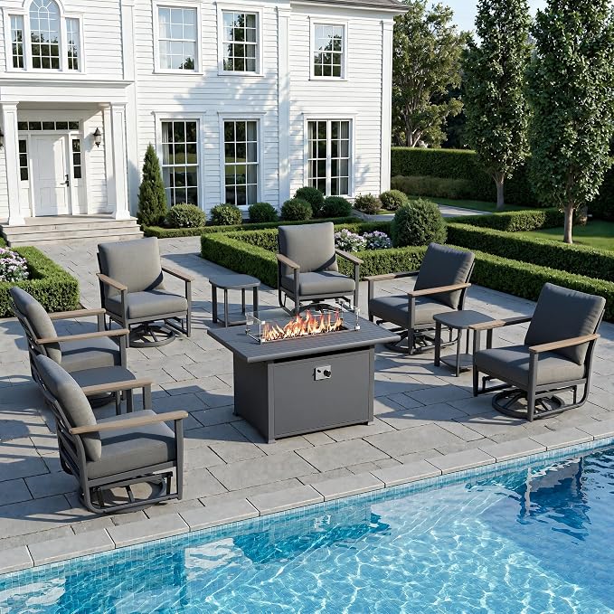 10Pcs Patio Rocking Swivel Chair with 55,000 BTU Fire Pit Table Outdoor Aluminum Bistro Set with Coffee Table, Patio Furniture Set with High Backrest & Thickened Cushions, Dark Grey