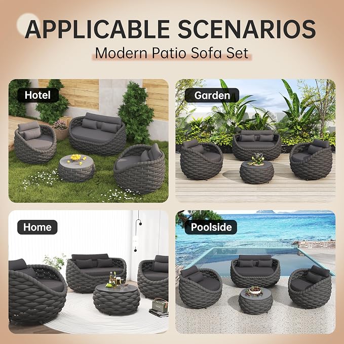 Patio Wicker Conversation Set 4Pcs Dark Grey Rattan Outdoor Sofa Set with Loveseat, 2 Single Chairs & Coffee Table, Weather Resistant Indoor Outdoor Sectional for Backyard Garden Poolside
