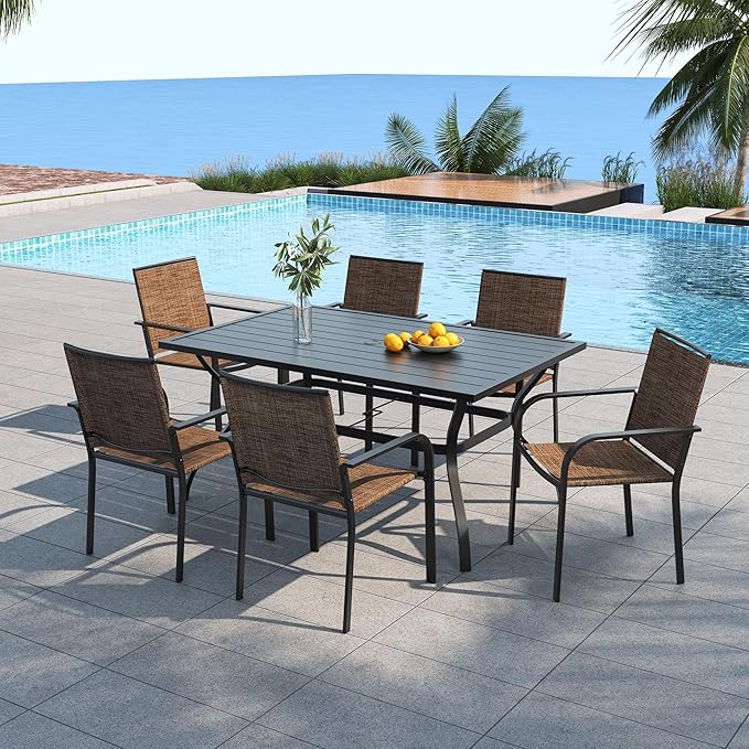 Anmutig Outdoor Patio Dining Set for 6 Person with 60"X38" Rectangular Table and 6 Brown Tan Stackable Chairs