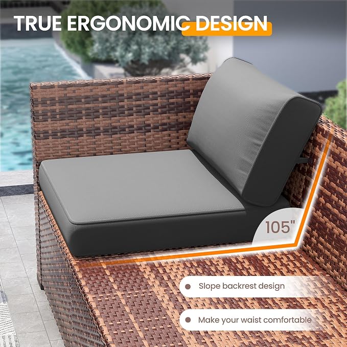 UDPATIO Patio Furniture Set, 7 Pieces Outdoor Sectional Sofa with 105°Slanted Back, Modular Rattan Conversation Set for Poolside, Backyard, Deck, with Coffee Table, Grey