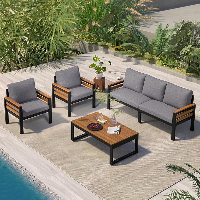 4-Piece Outdoor Furniture Sofa Set for 5 People with Acacia Wood Armrests, Patio Conversation Set with Removable Cushion and Solid Wood Coffee Table for Garden (Grey#46)