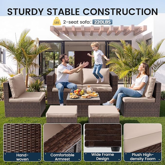 Amopatio Patio Furniture Set with Fire Pit Table, All-Weather Wicker Outdoor Conversation Sofa Set with Glass Coffee Table, Cushions & Ottomans for Deck Backyard Porch Lawn Brown/Khaki