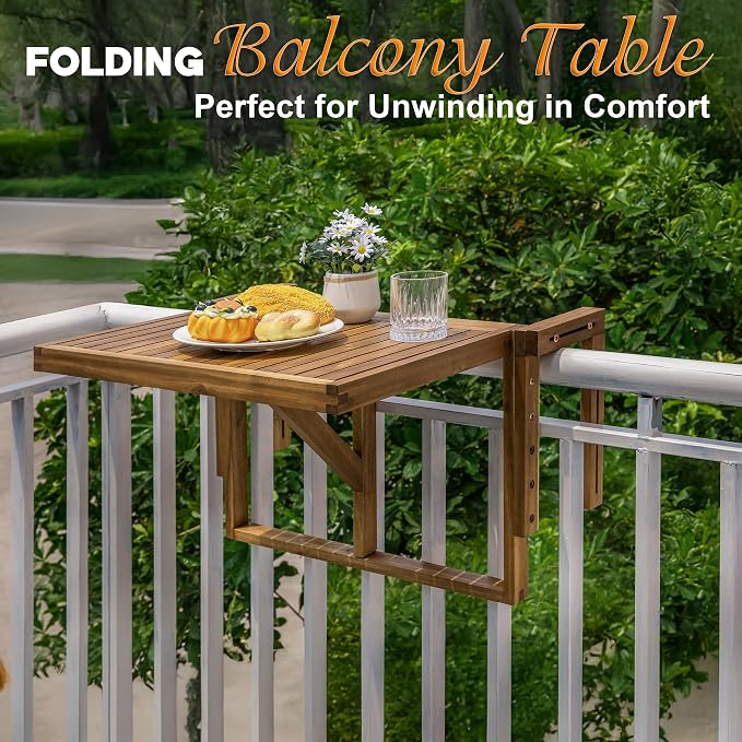 VICTORY RELAX Hanging Balcony Table - Foldable Acacia Wood Patio Table - Small Outdoor Workspace & Dining Table for Balcony Furniture - Temporary Workspace - Natural Color (27.2 x 23.6 x 17.5 Inches)