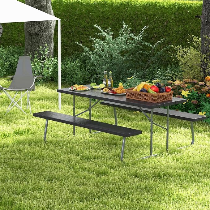 Tangkula 6 Ft Folding Picnic Table, Outdoor 8 Person Large Picnic Table Set with 2 Built-in Benches, Umbrella Hole, Metal Frame & HDPE Tabletop for Garden, Backyard (Black)