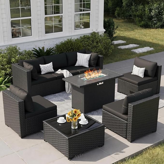 8 Piece Patio Furniture Set with 43" Fire Pit Table, Outdoor Sectional Wicker Sofa Set with Coffee Table (Black/Black)