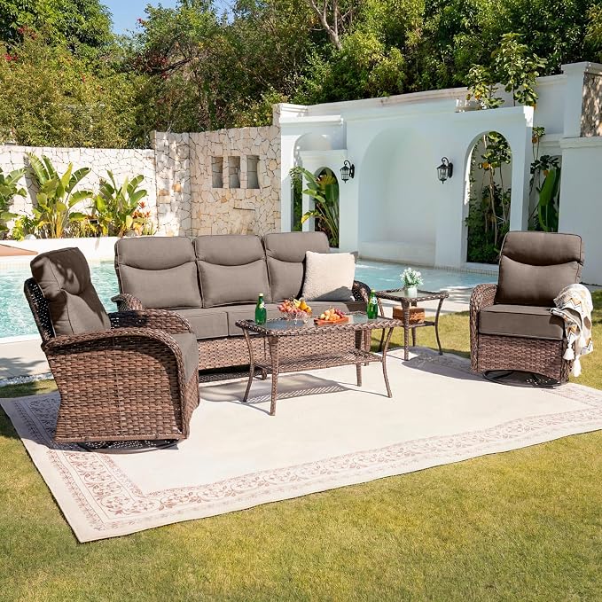 Belord Upgraded 6“ Cushion Luxury 5 Piece Patio Furniture Set - High Back Outdoor Furniture Set with Swivel Rocker Patio Chairs, All-Weather Wicker Conversation Set for Deck Porch Yard - Brown/Grey