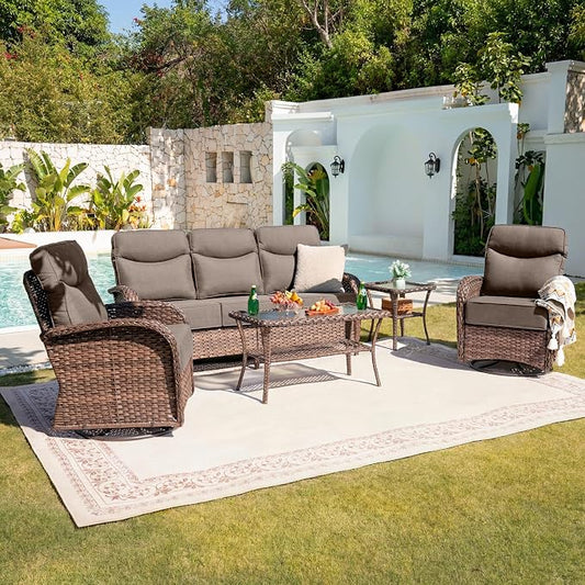 Belord Upgraded 6“ Cushion Luxury 5 Piece Patio Furniture Set - High Back Outdoor Furniture Set with Swivel Rocker Patio Chairs, All-Weather Wicker Conversation Set for Deck Porch Yard - Brown/Grey